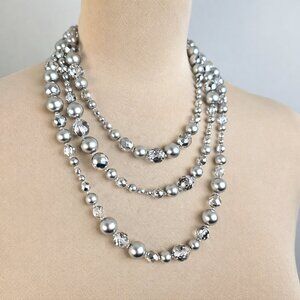 Multi Strand Silver Beaded Necklace Layered Statement Pearl Crystal Mix